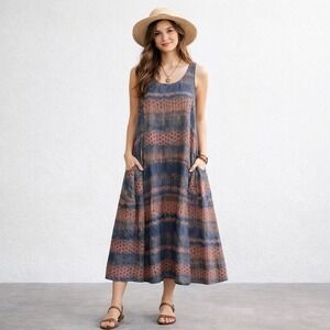 Color Me Cotton Sleeveless Midi Dress Linen Tie Dye Pockets M Lagenlook Artsy